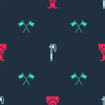 Set Joker head, Medieval axe and Crossed medieval flag on seamless pattern Stock Illustration