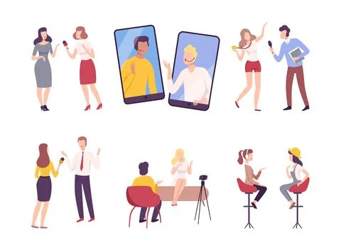 Set of journalists or talk show hosts interviewing people. Mass media Illustration