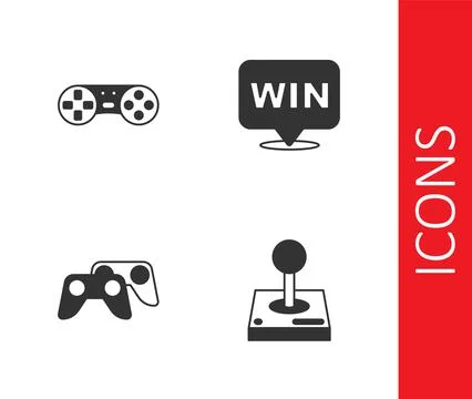 Set Joystick for arcade machine, Game controller joystick, and Medal icon Stock Illustration