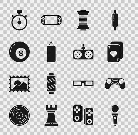 Set Joystick for arcade machine, Gamepad, Playing cards, Sewing thread on spool Stock Illustration