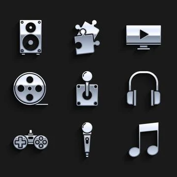 Set Joystick for arcade machine, Microphone, Music note, tone, Headphones Stock Illustration