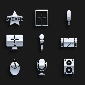 Set Joystick for arcade machine, Microphone, Stereo speaker, Portable video.. Stock Illustration