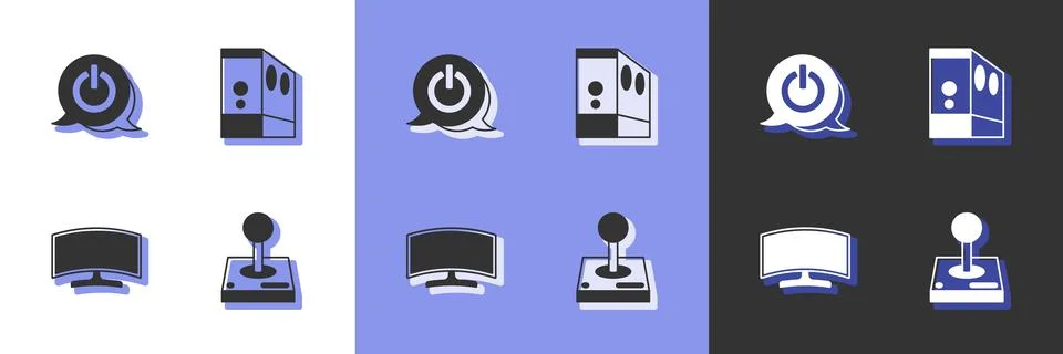 Set Joystick for arcade machine, Power button, Computer monitor and Case of Illustrazione stock