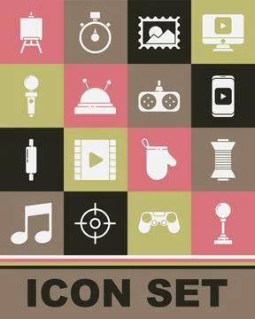 Set Joystick for arcade machine, Sewing thread on spool, Online play video Stock Illustration