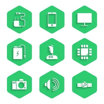 Set Joystick for arcade machine, Speaker volume, Smartwatch, Processor with.. Stock Illustration