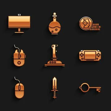 Set Joystick for arcade machine, Sword game, Ancient key, Portable video console Stock Illustration