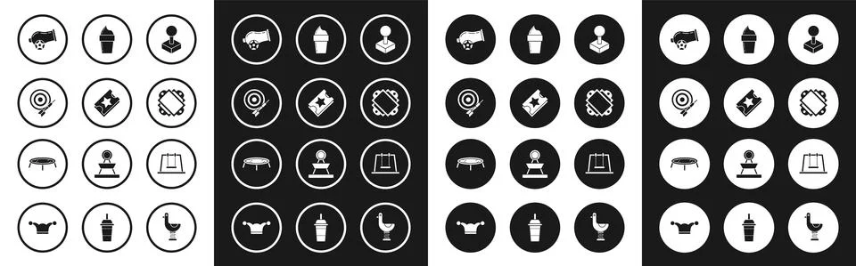 Set Joystick for arcade machine, Ticket, Classic dart board and arrow, Cannon Stock Illustration