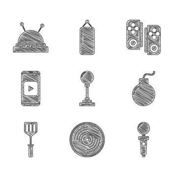 Set Joystick for arcade machine, Vinyl disk, Bomb ready to explode, Spatula 스톡 일러스트