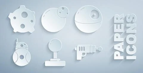 Set Joystick, Death star, Robot, Ray gun, Planet and Asteroid icon. Vector Illustrazione stock