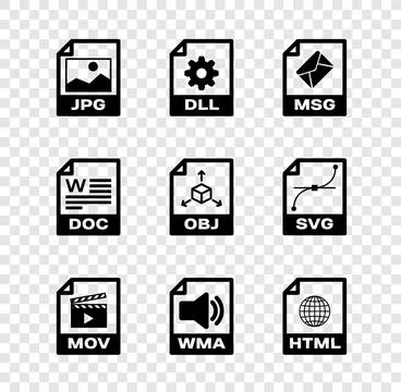 Set JPG file document, DLL, MSG, MOV, WMA and HTML icon. Vector Stock Illustration