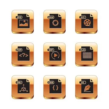 Set JPG file document, OBJ, CSS, GIF, PHP, AVI, AI and RAW icon. Vector 库存插图