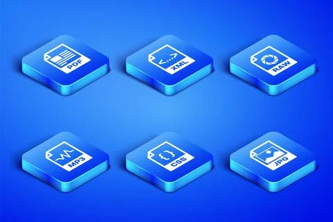 Set JPG file document, PDF, CSS, MP3, XML and RAW icon. Vector Stock Illustration