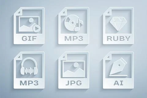Set JPG file document, RUBY, MP3, AI, and GIF icon. Vector Stock Illustration