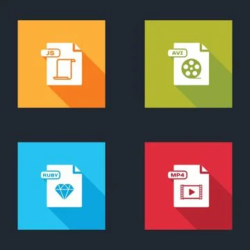 Set JS file document, AVI, RUBY and MP4 icon. Vector Illustrazione stock