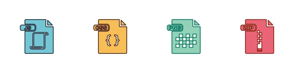 Set JS file document, CSS, PNG and ZIP icon. Vector Stock Illustration