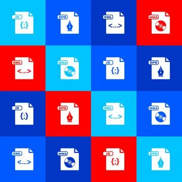 Set JS file document, EPS, XML and WMA icon. Vector Stock Illustration