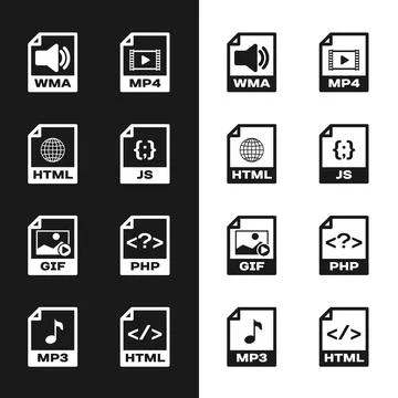 Set JS file document, HTML, WMA, MP4, GIF and PHP icon. Vector Stock Illustration