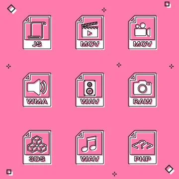Set JS file document, MOV, , WMA, WAV and RAW icon. Vector Stock Illustration