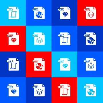 Set JS file document, MP3, RUBY and PSD icon. Vector Illustrazione stock