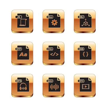 Set JS file document, MP3, WAV, HTML, OTF, OBJ, MP4 and DLL icon. Vector 库存插图