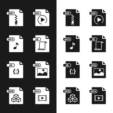 Set JS file document, MP3, ZIP, GIF, JPG, MP4 and 3DS icon. Vector Stock Illustration