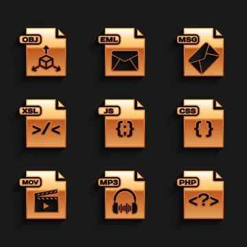 Set JS file document, MP3, PHP, CSS, MOV, XSL, MSG and OBJ icon. Vector 스톡 일러스트