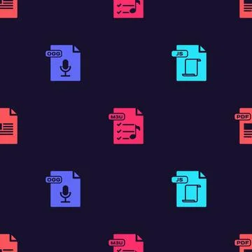 Set JS file document, OGG, M3U and PDF on seamless pattern. Vector 스톡 일러스트