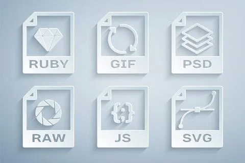 Set JS file document, PSD, RAW, SVG, GIF and RUBY icon. Vector Stock Illustration