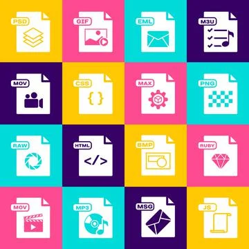 Set JS file document, RUBY, PNG, EML, CSS, MOV, PSD and MAX icon. Vector Stock Illustration