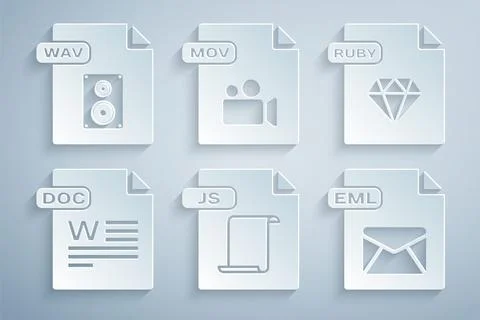 Set JS file document, RUBY, DOC, EML, MOV and WAV icon. Vector Stock Illustration