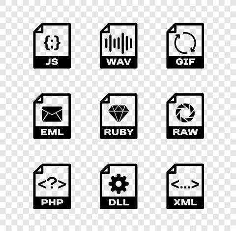 Set JS file document, WAV, GIF, PHP, DLL and XML icon. Vector Stock Illustration