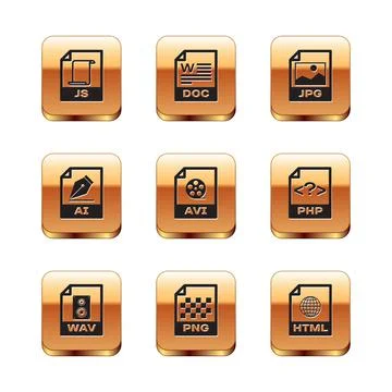 Set JS file document, WAV, PNG, AVI, AI and JPG icon. Vector Stock Illustration