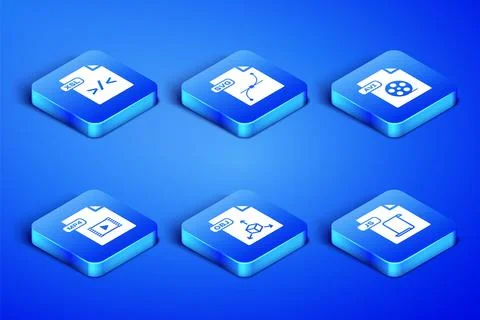Set JS file document, XSL, OBJ, MP4, SVG and AVI icon. Vector Illustrazione stock