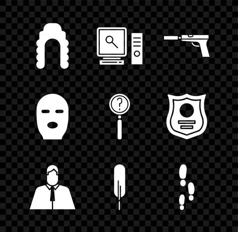 Set Judge wig, Search on computer screen, Pistol or gun with silencer, Lawyer Stock Illustration