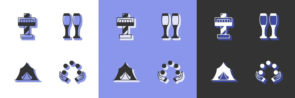 Set Juggling ball, Attraction carousel, Circus tent and Bowling pin icon. V.. Stock Illustration
