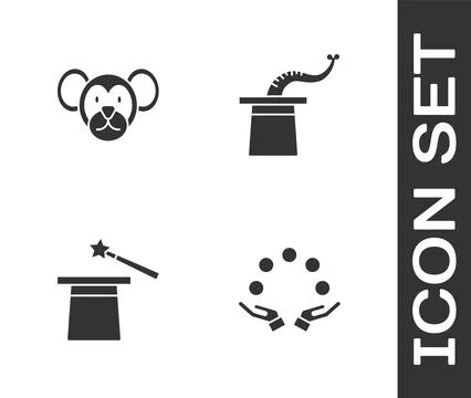 Set Juggling ball, Monkey, Magic hat and wand and Magician icon. Vector Ilustração Stock