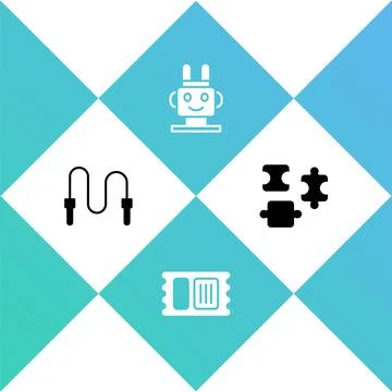 Set Jump rope, Circus ticket, Robot toy and Puzzle pieces icon. Vector Illustrazione stock