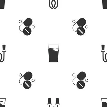 Set Jump rope, Glass with water and Vitamin pill on seamless pattern. Vector 스톡 일러스트