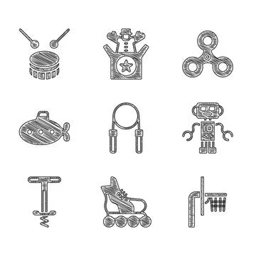 Set Jump rope, Roller skate, Basketball backboard, Robot toy, Pogo stick jumping Stock Illustration