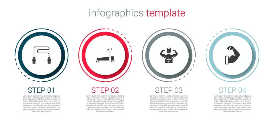Set Jump rope, Treadmill machine, Bodybuilder muscle and . Business infographic Stock Illustration