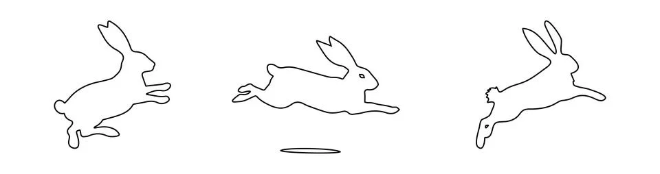 Set of Jumping Rabbits in outline. Easter bunnies. Isolated on white backdr.. Stock Illustration