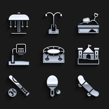 Set Jumping trampoline, Racket and ball, Skateboard trick, Sand castle, Baseball Stock Illustration