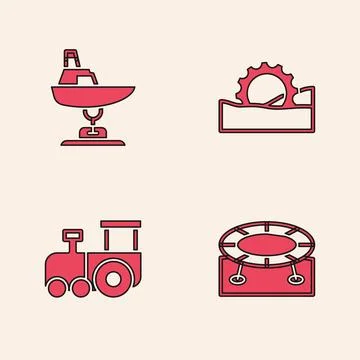 Set Jumping trampoline, Swing boat, Ferris wheel and Toy train icon. Vector 스톡 일러스트