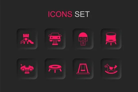 Set Jumping trampoline, Swing car, Slide playground, for kids, Horse saddle.. Stock Illustration