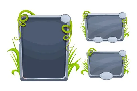 Set Jungle stone frame with grass and liana, user interface, menu board in comic Stock Illustration