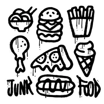 Set of junk food elements in urban graffiti style. Noodle, burger, french fries Stock Illustration