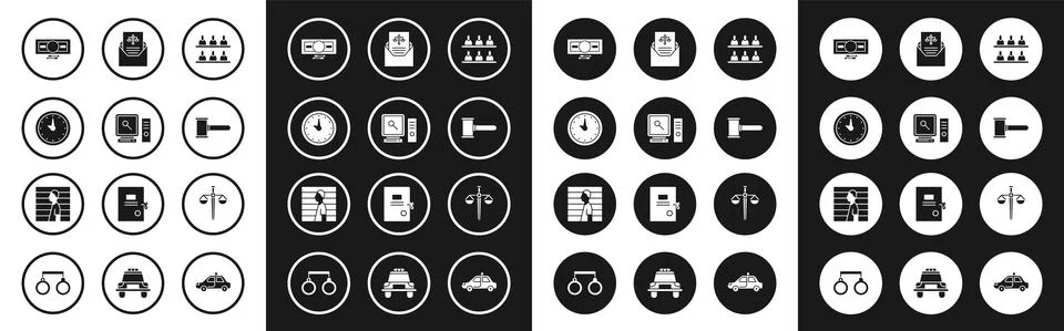 Set Jurors, Search on computer screen, Clock, Stacks paper money cash, Judge イラスト素材