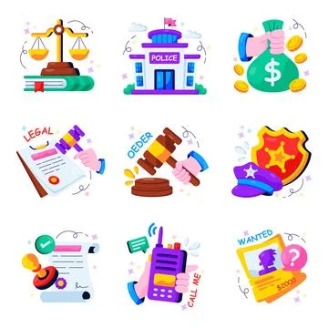 Set of Justice Flat Illustrations Stock Illustration