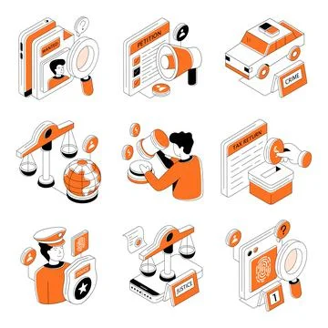 Set of Justice Isometric Illustrations Stock Illustration