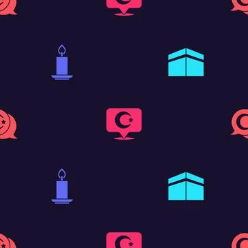 Set Kaaba mosque, Burning candle, Star crescent and on seamless pattern. Vector イラスト素材